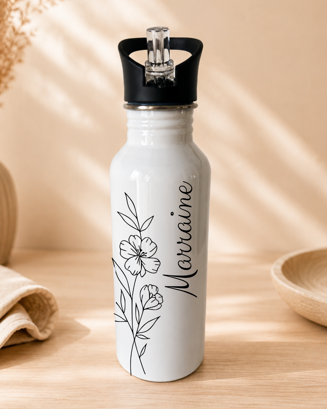 Gourde personnalisée – Prénom & fleurs