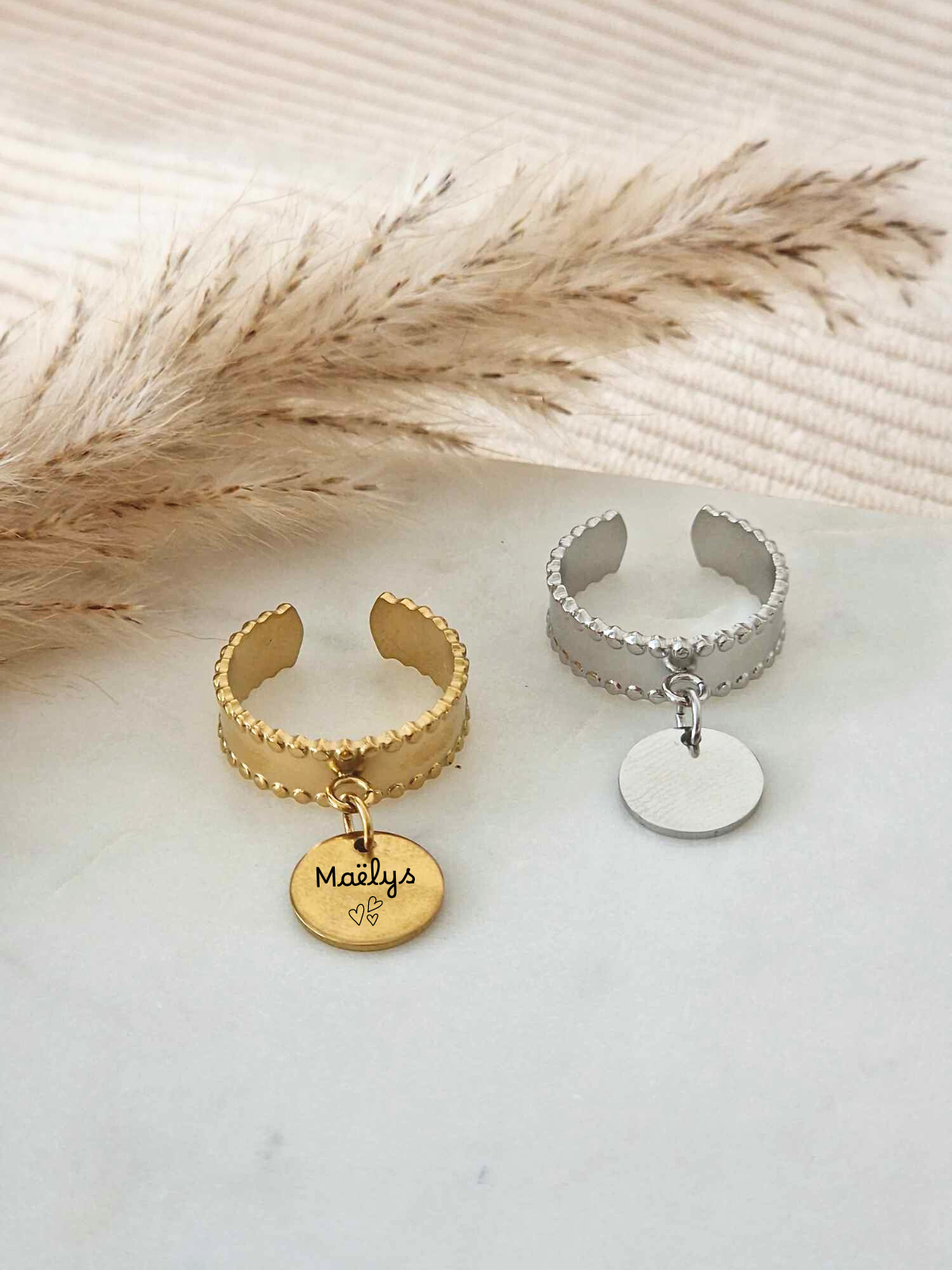 Bague ajustable en acier inoxydable avec médaillon personnalisable